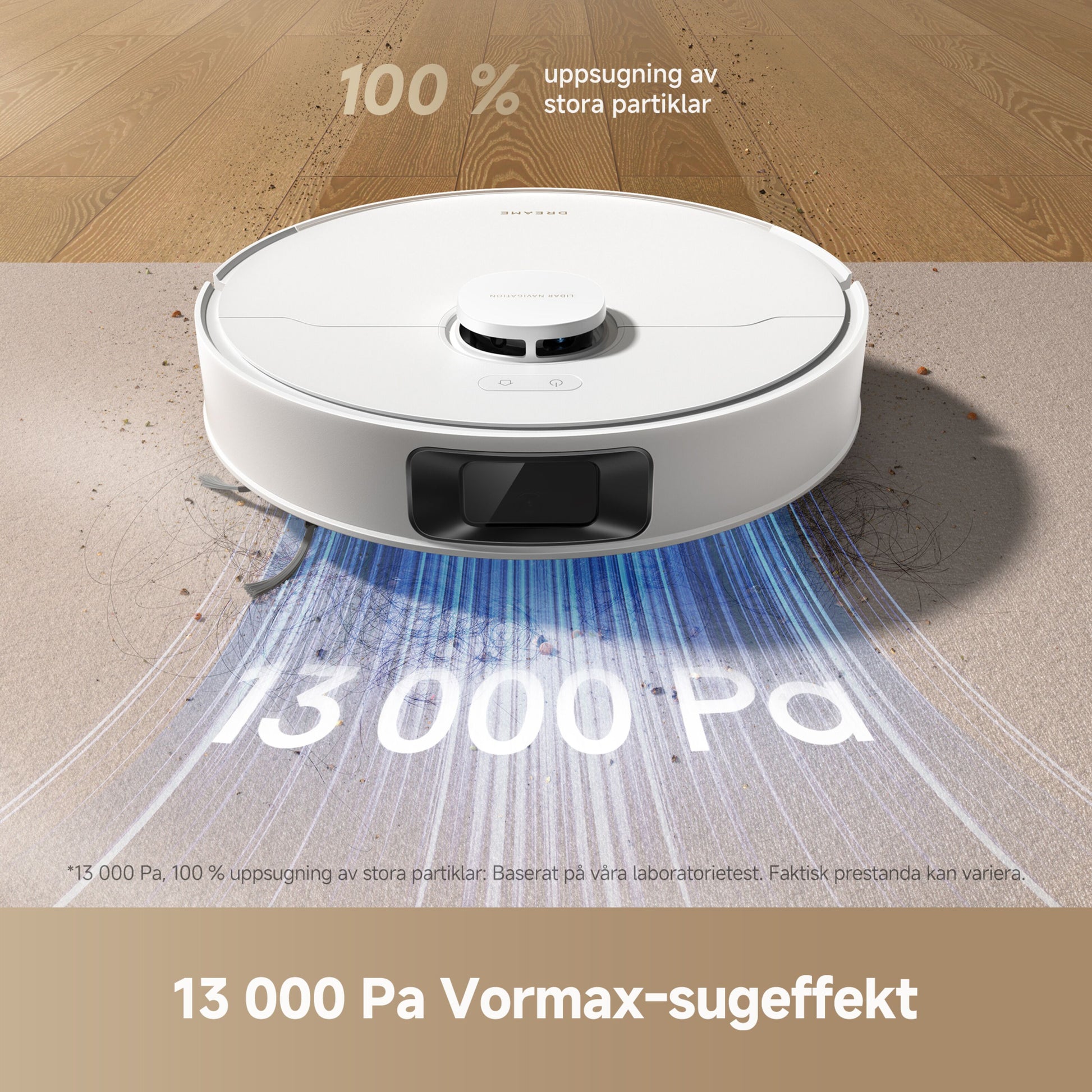 Dreame D20 robotstøvsuger på trægulv, tekst viser 13.000 Pa sugestyrke, blå linjer illustrerer sugeevne.