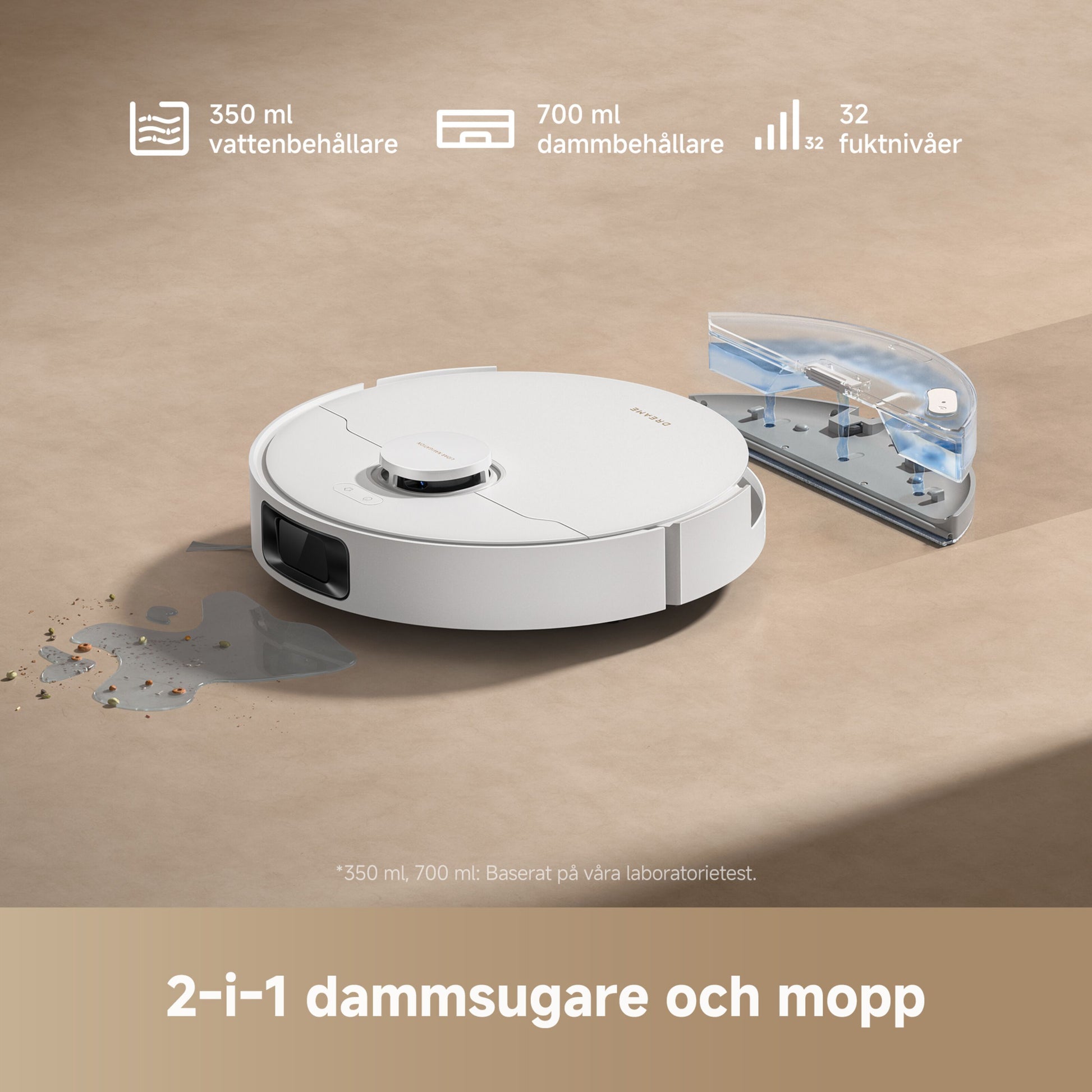 Dreame D20 robotstøvsuger beige gulv vådmopning 13.000 Pa sugestyrke 350 ml støvbeholder 700 ml vandtank 32 fugtighedsniveauer.