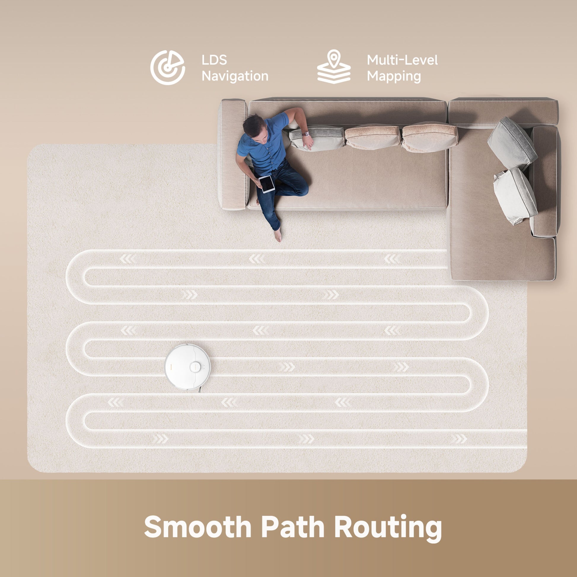 Dreame D20 robotstøvsuger 13.000 Pa, på lyst tæppe, viser LDS navigation og multi-level mapping, tekst: Smooth Path Routing.