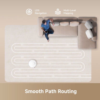 Dreame D20 robotstøvsuger 13.000 Pa, på lyst tæppe, viser LDS navigation og multi-level mapping, tekst: Smooth Path Routing.