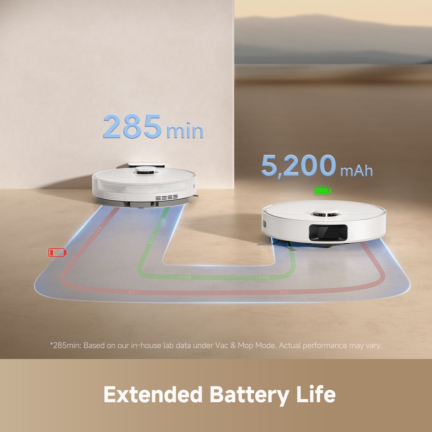 To Dreame D20 robotstøvsugere, en med lavt batteriniveau, en viser 5.200 mAh til op til 285 min vådmopning.