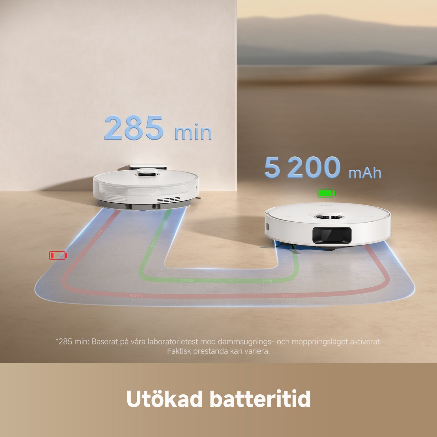 Dreame D20 robotstøvsugere med grafik for 285 min batteritid, 5200 mAh, tekst "Utökad batteritid" nederst.