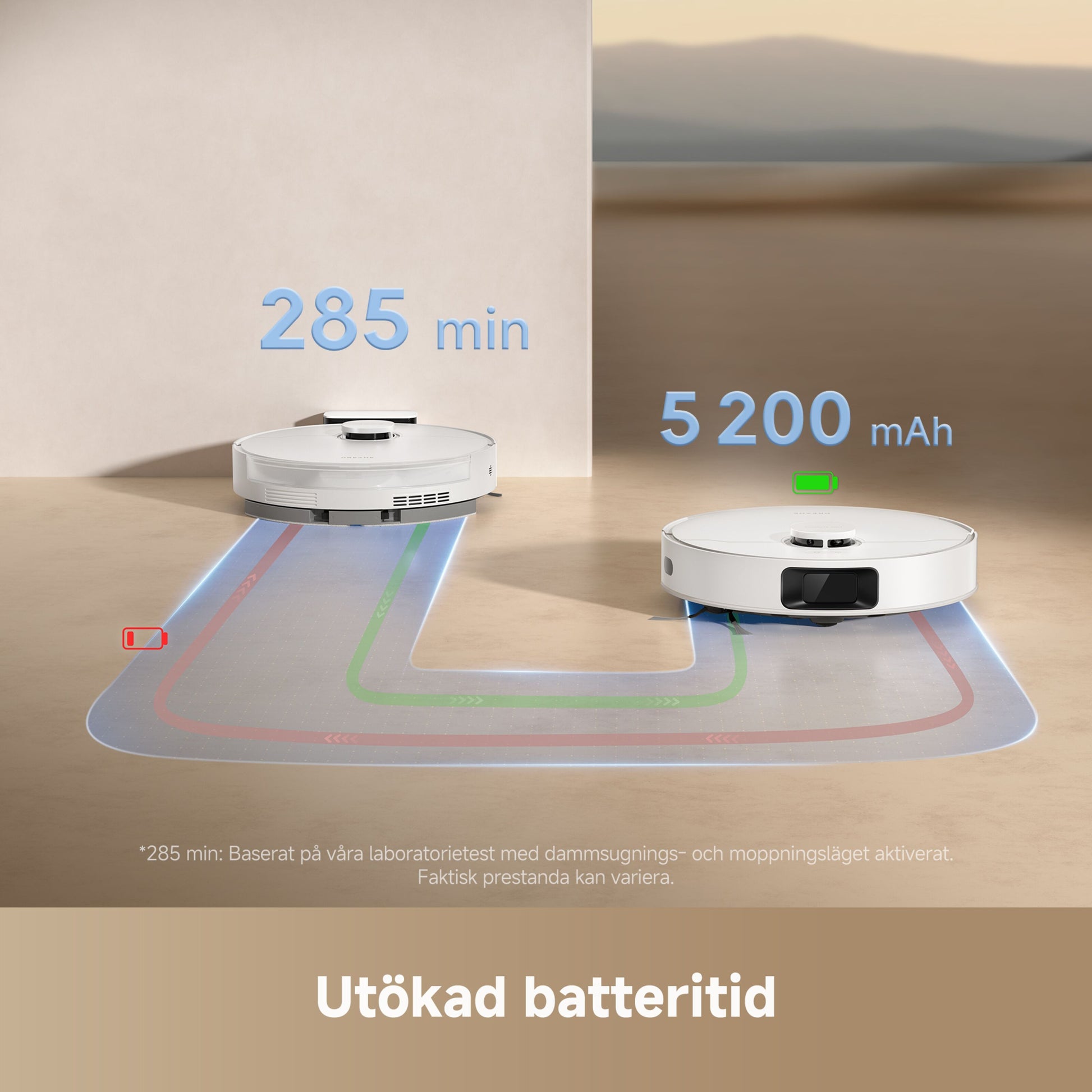 Dreame D20 robotstøvsugere med grafik for 285 min batteritid, 5200 mAh, tekst "Utökad batteritid" nederst.