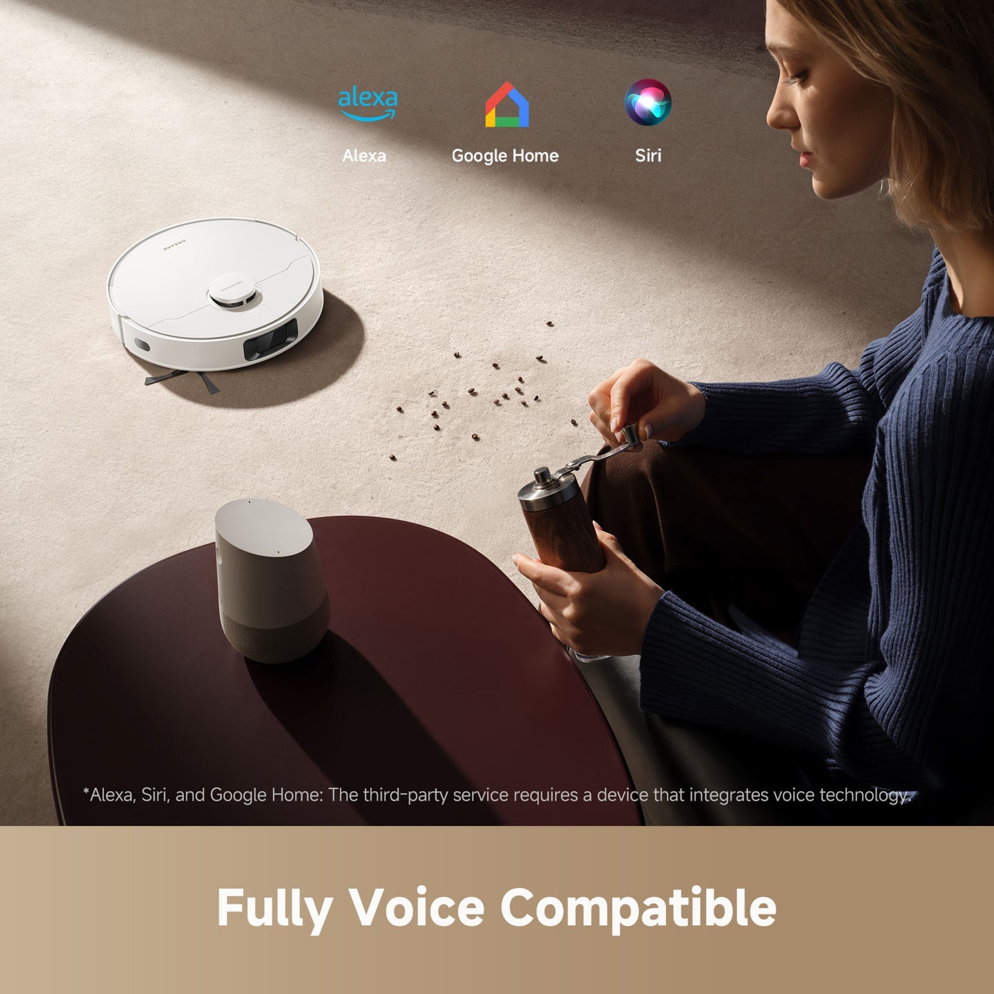 Dreame D20 robotstøvsuger 13000 Pa sugestyrke vådmopning stemmestyring Alexa Google Home Siri logoer på tæppe.