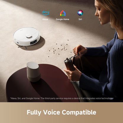 Dreame D20 robotstøvsuger 13000 Pa sugestyrke vådmopning stemmestyring Alexa Google Home Siri logoer på tæppe.