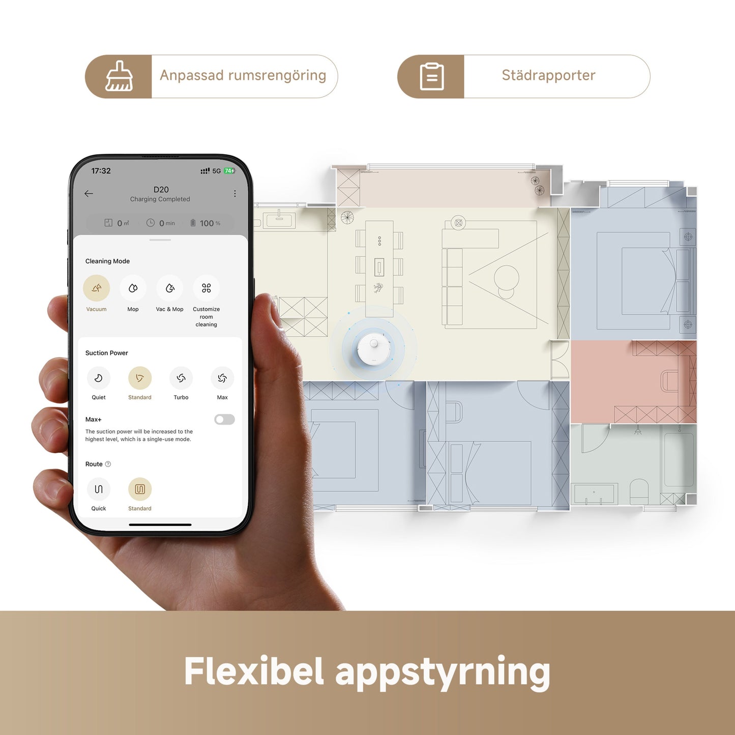 Dreame D20 robotstøvsuger app vises på smartphone med farvekodet kort og svensk tekst om rumrengøring og appstyring.