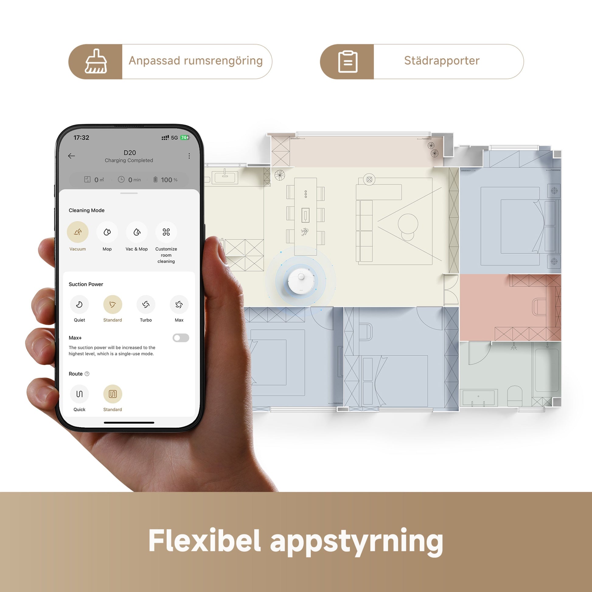 Dreame D20 robotstøvsuger app vises på smartphone med farvekodet kort og svensk tekst om rumrengøring og appstyring.