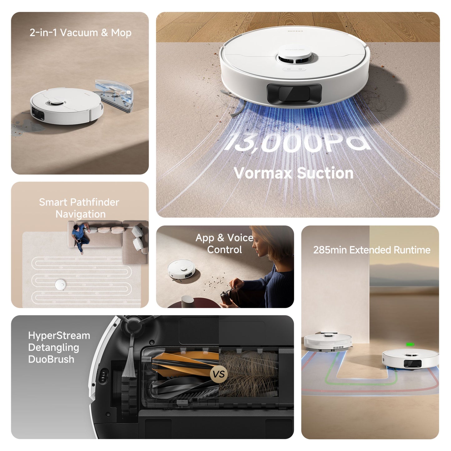 Dreame D20 robotstøvsuger 2-i-1 støvsugning/vådmopning 13.000 Pa sugestyrke app-/stemmestyring HyperStream DuoBrush.