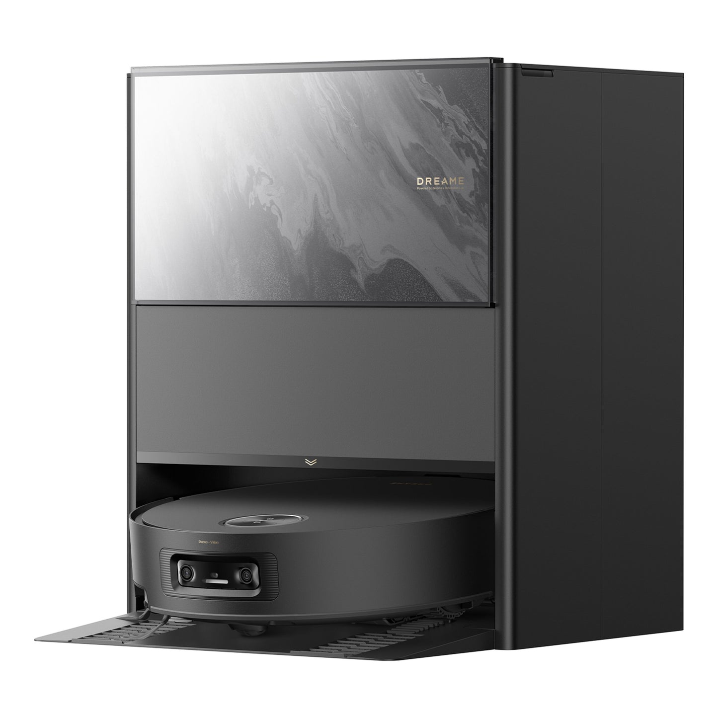 Dreame Aqua10 Ultra Track S robotstøvsuger sort i marblelook ladestation klar til gulvvask.