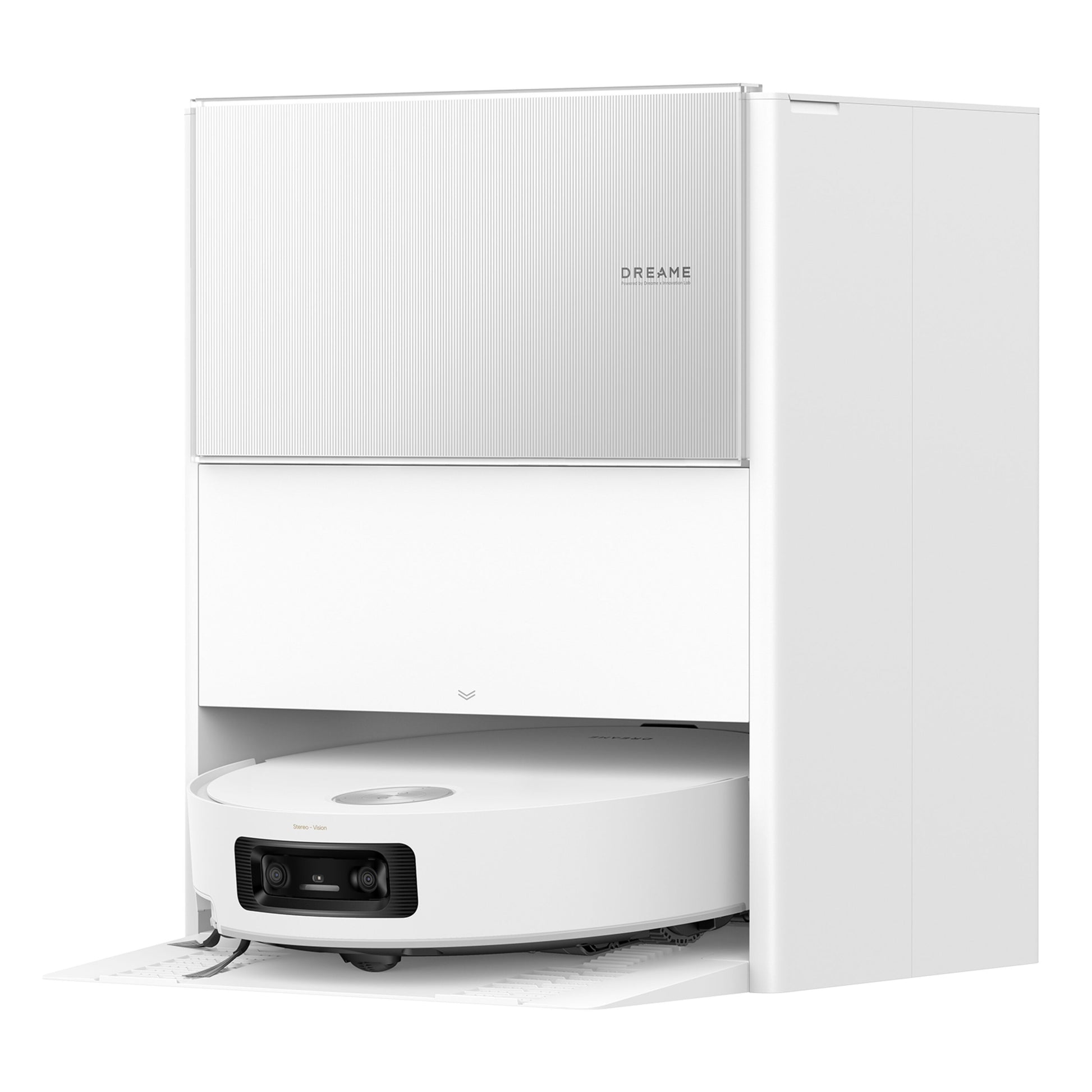 Dreame Aqua10 Ultra Roller robotstøvsuger med hvid basestation og automatisk tømning.