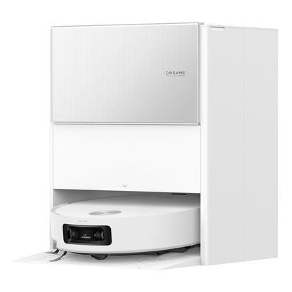 Dreame Aqua10 Ultra Roller robotstøvsuger med hvid basestation og automatisk tømning.