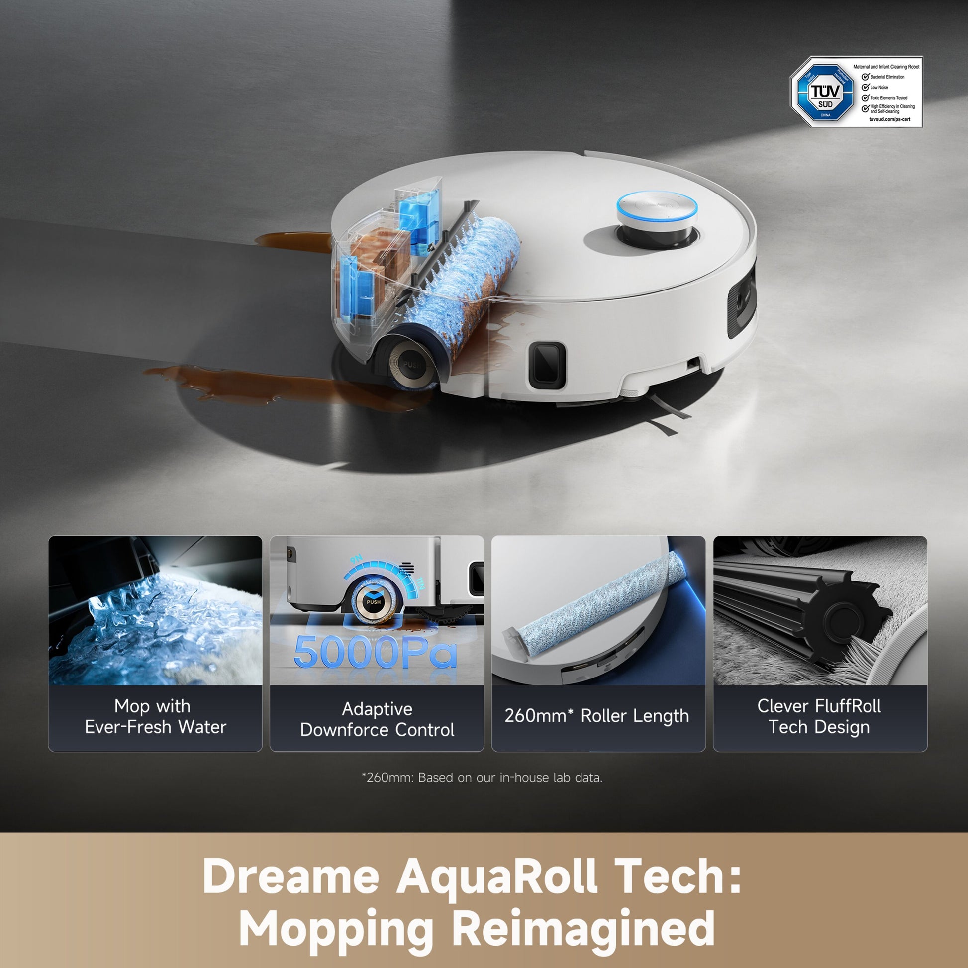Dreame Aqua10 Ultra Roller robotstøvsuger hvid med basestation, friskvandsmopning, adaptiv nedadkraft, 260mm rulle.