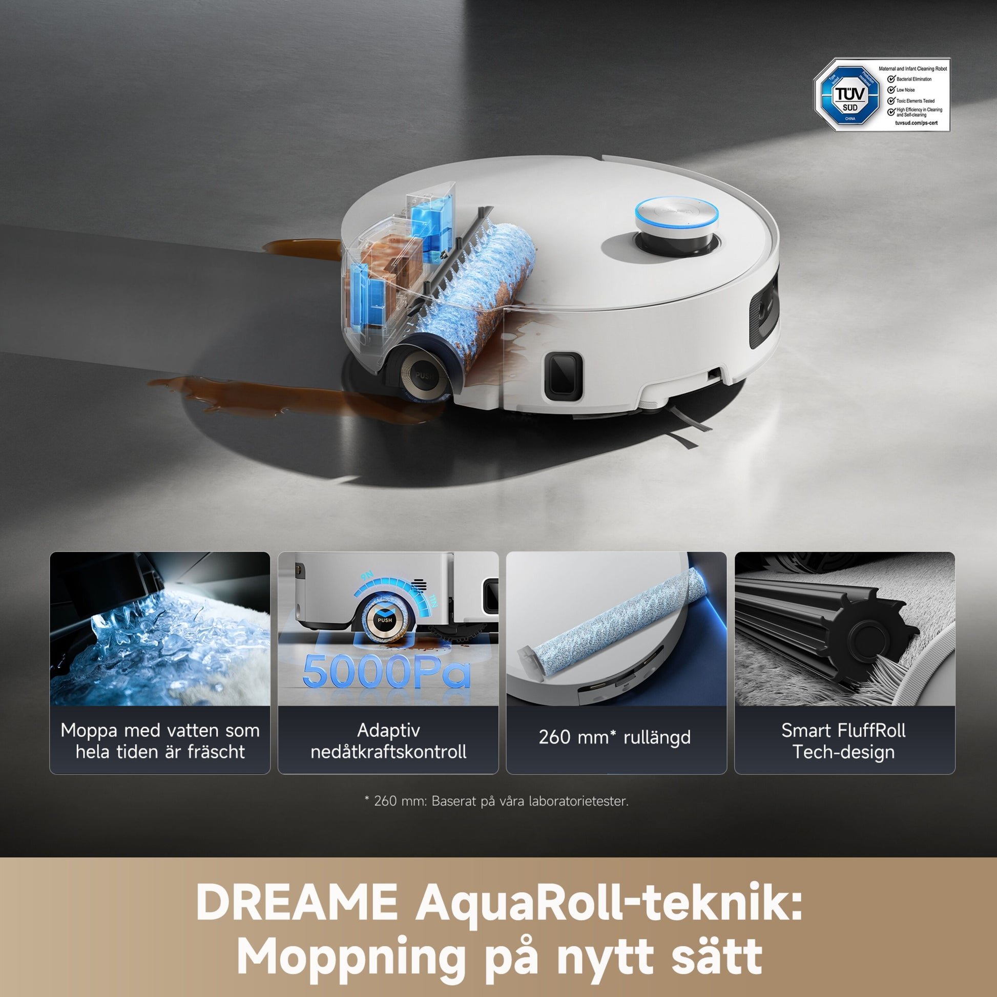 Dreame Aqua10 Ultra Roller robotstøvsuger med blå vandtank, basestation, 260 mm rullebørste, AquaRoll og automatisk tømning.