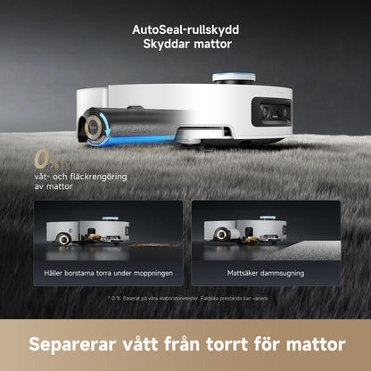 Dreame Aqua10 Ultra Roller robotstøvsuger med basestation, AutoSeal-teknologi til våd/tør rengøring og automatisk tømning.