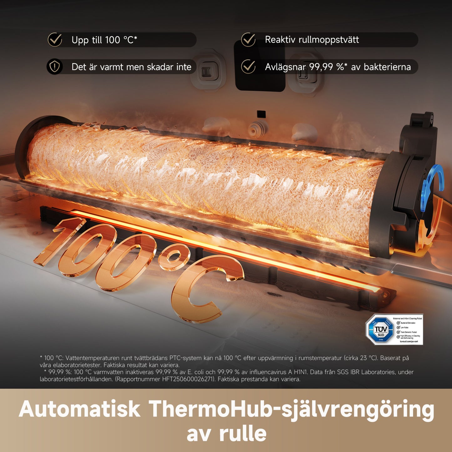 Dreame Aqua10 Ultra Roller robotstøvsuger med basestation, opvarmet rulle, fugt, "100°C" tekst, svensk funktionstekst.