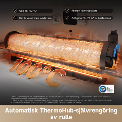 Dreame Aqua10 Ultra Roller robotstøvsuger med basestation, opvarmet rulle, fugt, "100°C" tekst, svensk funktionstekst.