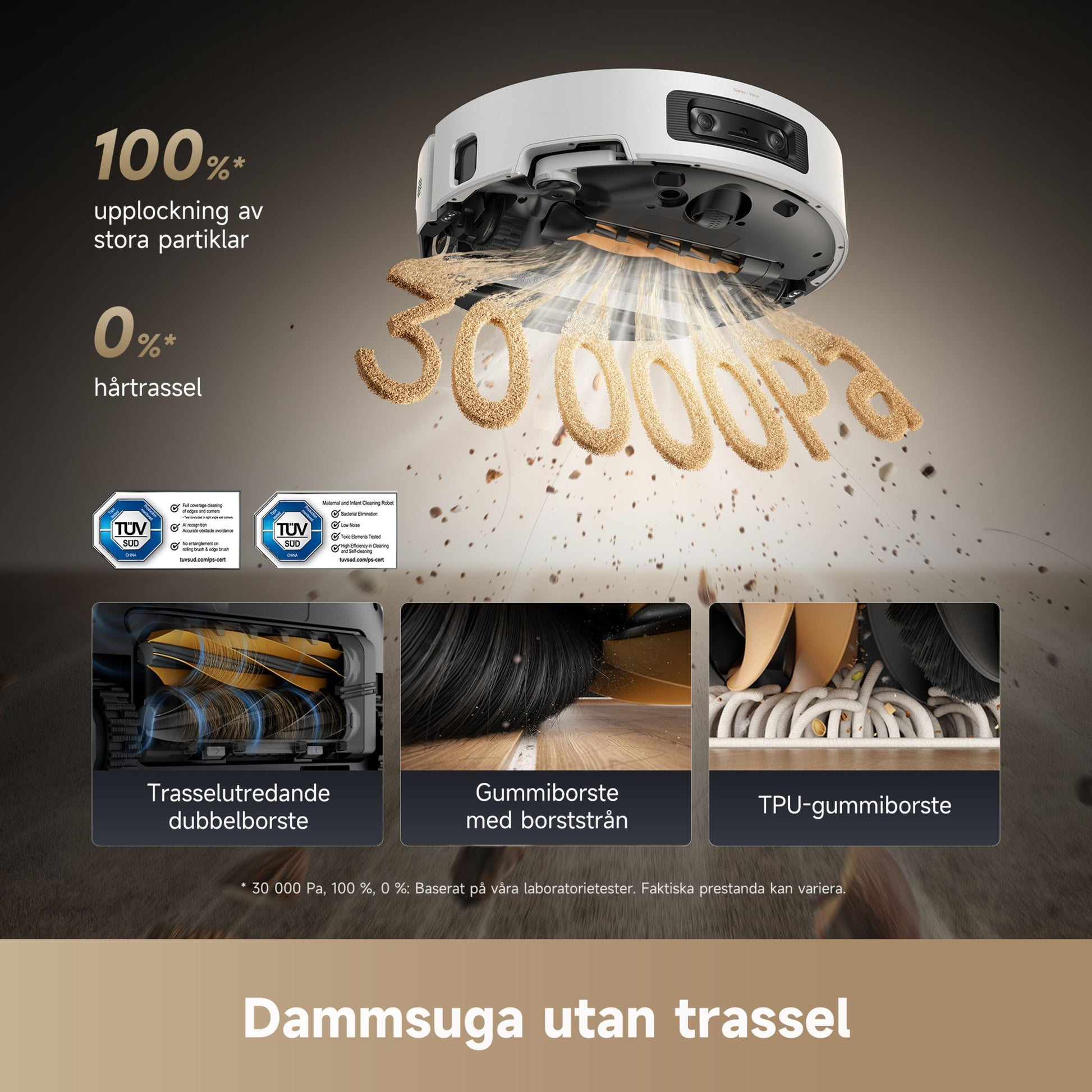 Dreame Aqua10 Ultra Roller robotstøvsuger med basestation, 30.000 Pa sug, ingen hårfilter, automatisk tømning, tre børstetyper.
