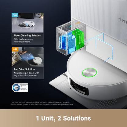 Dreame Aqua10 Ultra Roller robotstøvsuger med basestation, automatisk tømning, blå og grøn beholder, funktionsikoner.