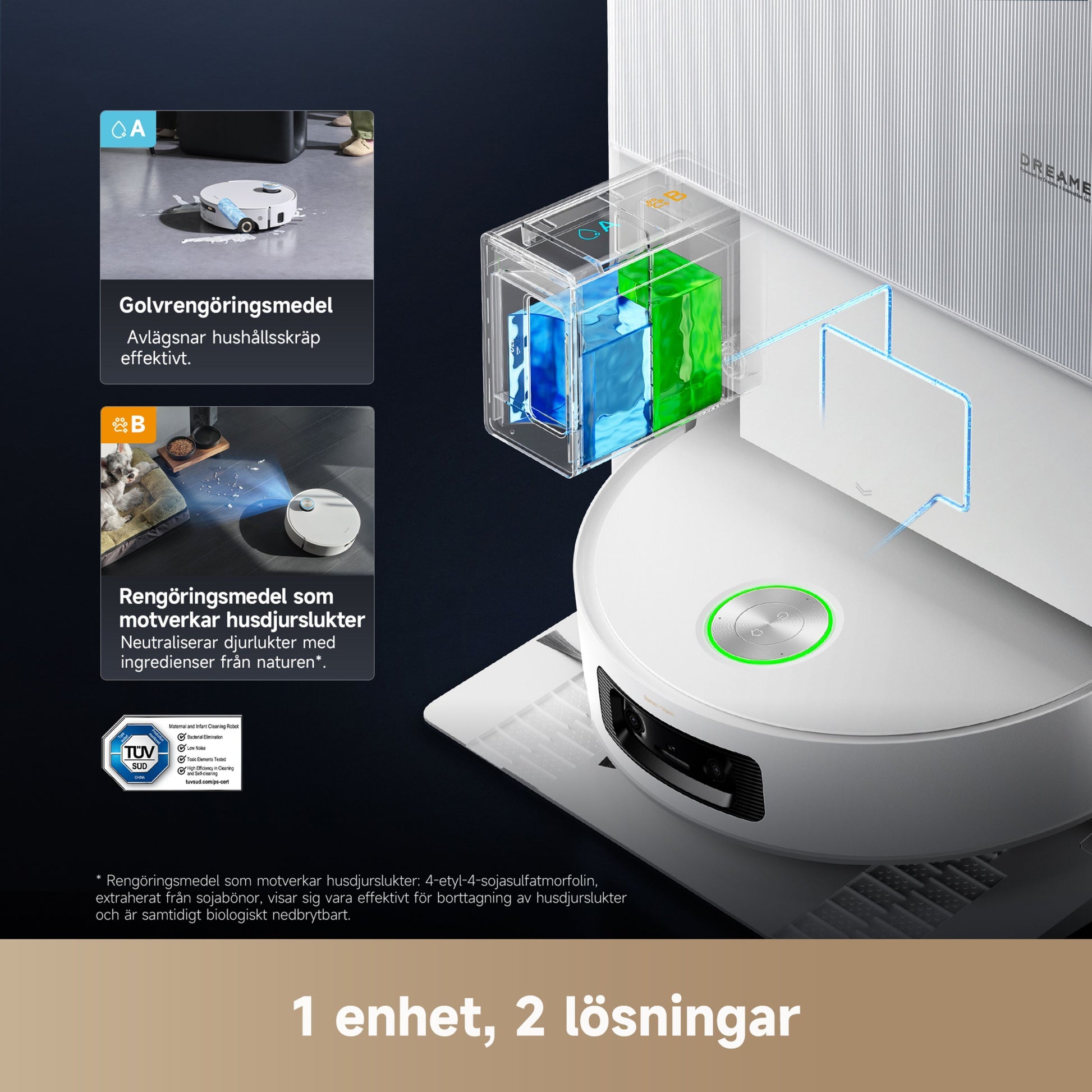 Dreame Aqua10 Ultra Roller robotstøvsuger med basestation og to gennemsigtige beholdere, svensk tekst: 1 enhed, 2 løsninger.