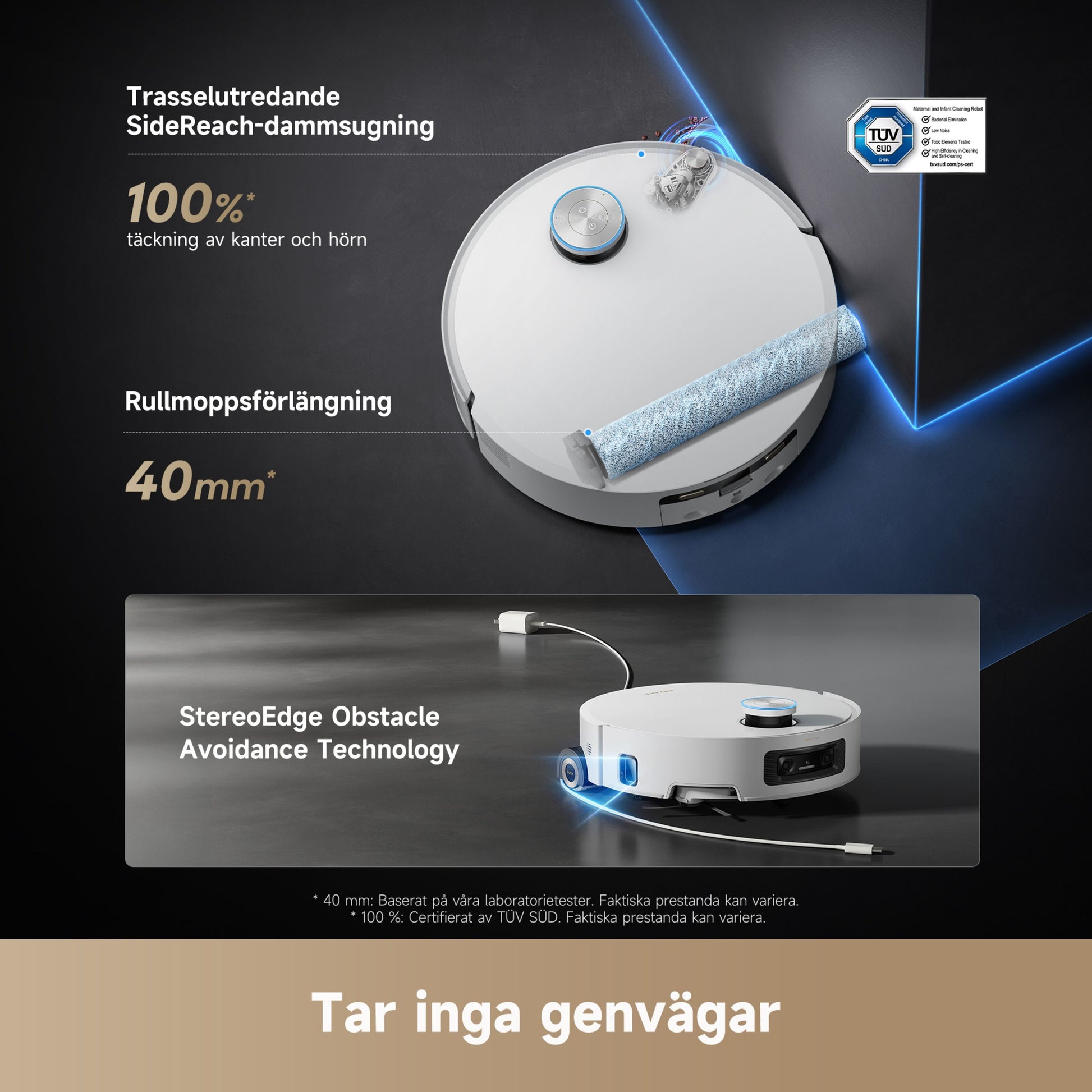 Dreame Aqua10 Ultra Roller robotstøvsuger med basestation, 100 kant- og hjørnedækning, 40mm moppeforlængelse.