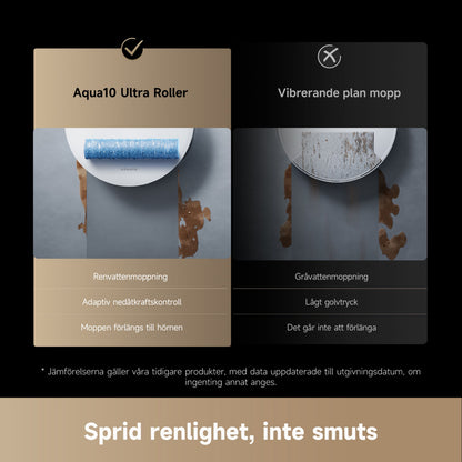 Dreame Aqua10 Ultra Roller robotstøvsuger med basestation vs. vibrerende fladmop, ren vs. snavset gulv/moppe.