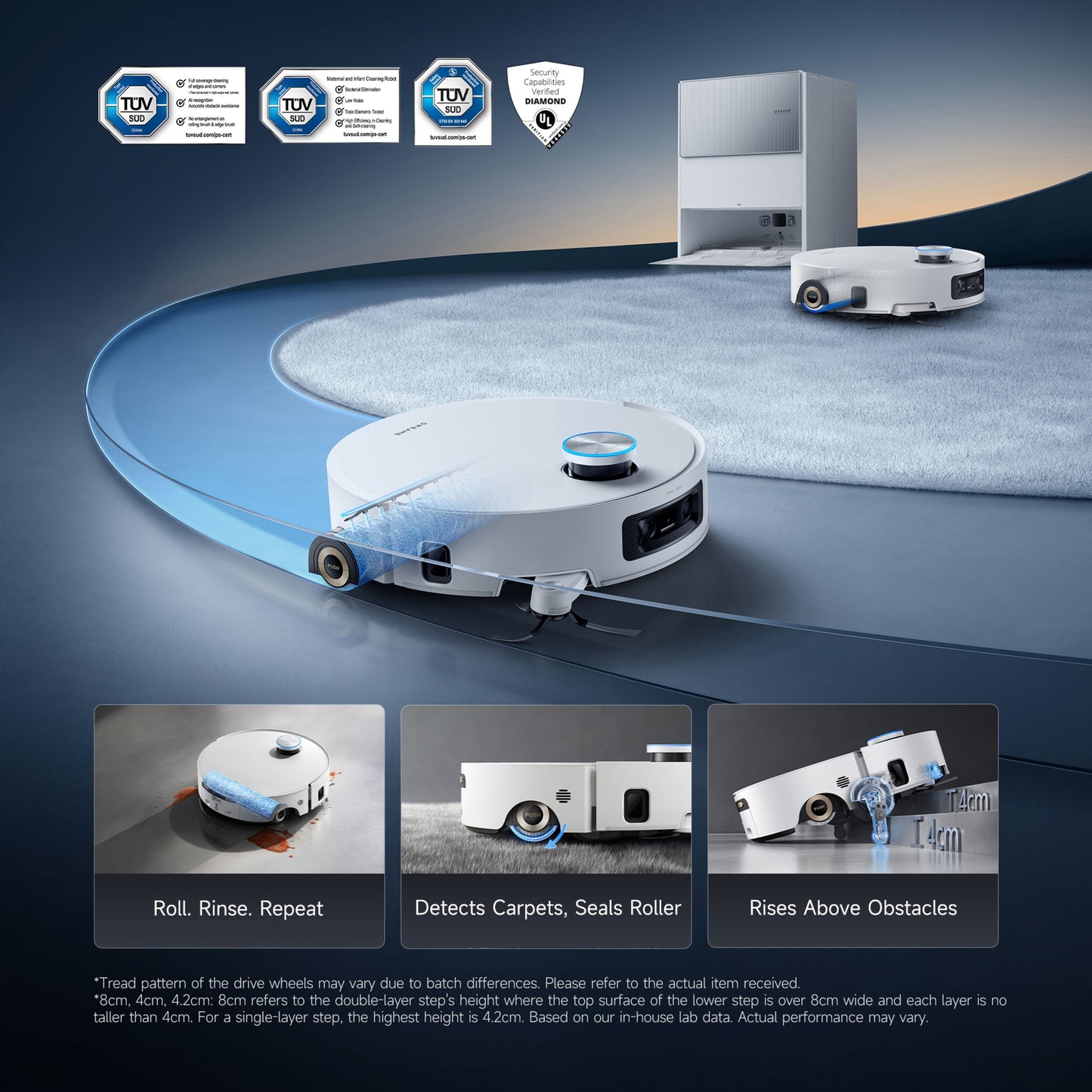 Dreame Aqua10 Ultra Roller robotstøvsuger med basestation rullende børste, tæpperegistrering, certificeringsmærker.