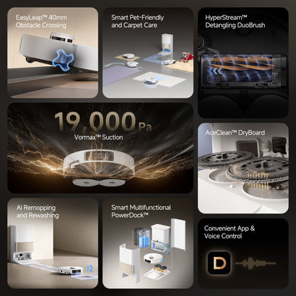 Dreame L40s Pro Ultra robotstøvsuger hvid, Vormax 19.000Pa sugestyrke, HyperStream DuoBrush, PowerDock, appstyring.
