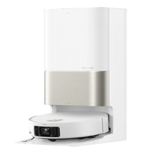 Dreame X50 Ultra robotstøvsuger rundt design, frontsensor, 20.000 Pa sugestyrke, hvid/sølv ladestation med tekstureret top.