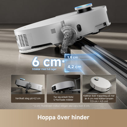 Dreame X50 Ultra robotstøvsuger hvid med 20.000 Pa sugestyrke, klarer trin 4,2 cm og dørtærskler 6 cm, svensk tekst på display.