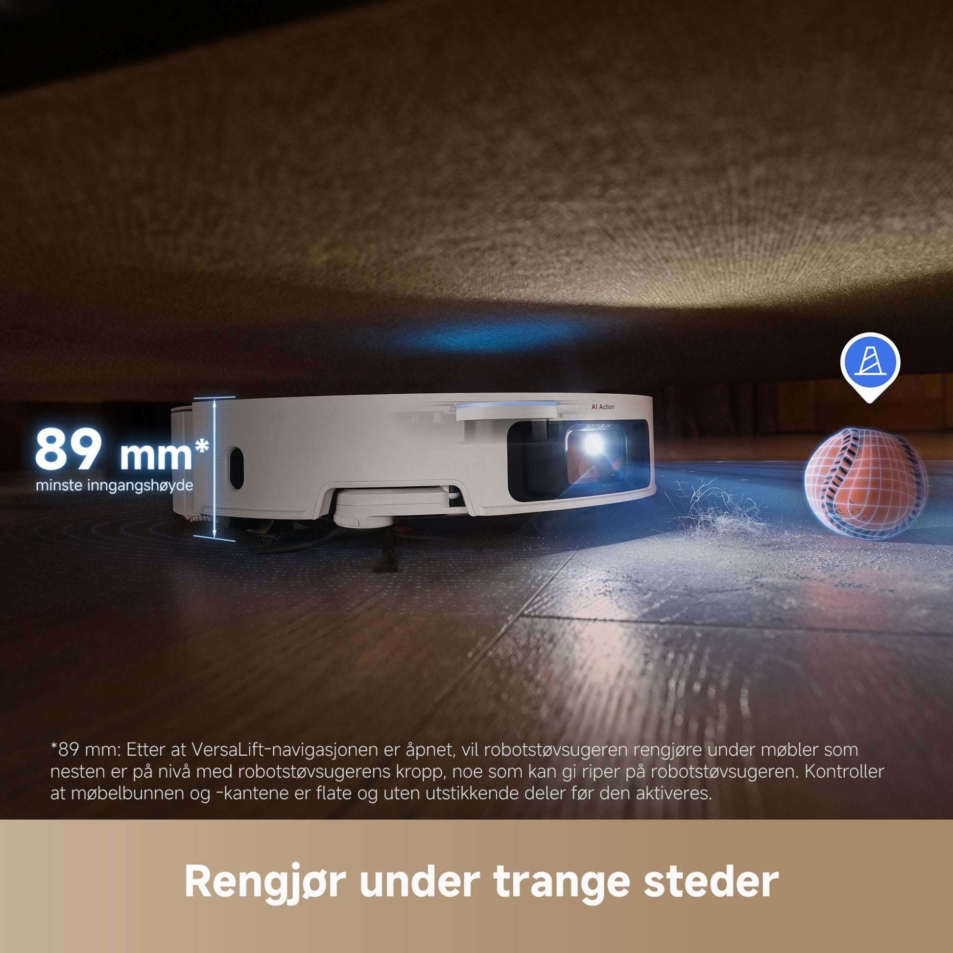Dreame X50 Ultra robotstøvsuger hvid, 89 mm høj, 20000 Pa sugestyrke, blåt navigationslys til lave møbler.