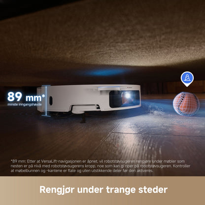 Dreame X50 Ultra robotstøvsuger hvid, 89 mm høj, 20000 Pa sugestyrke, blåt navigationslys til lave møbler.