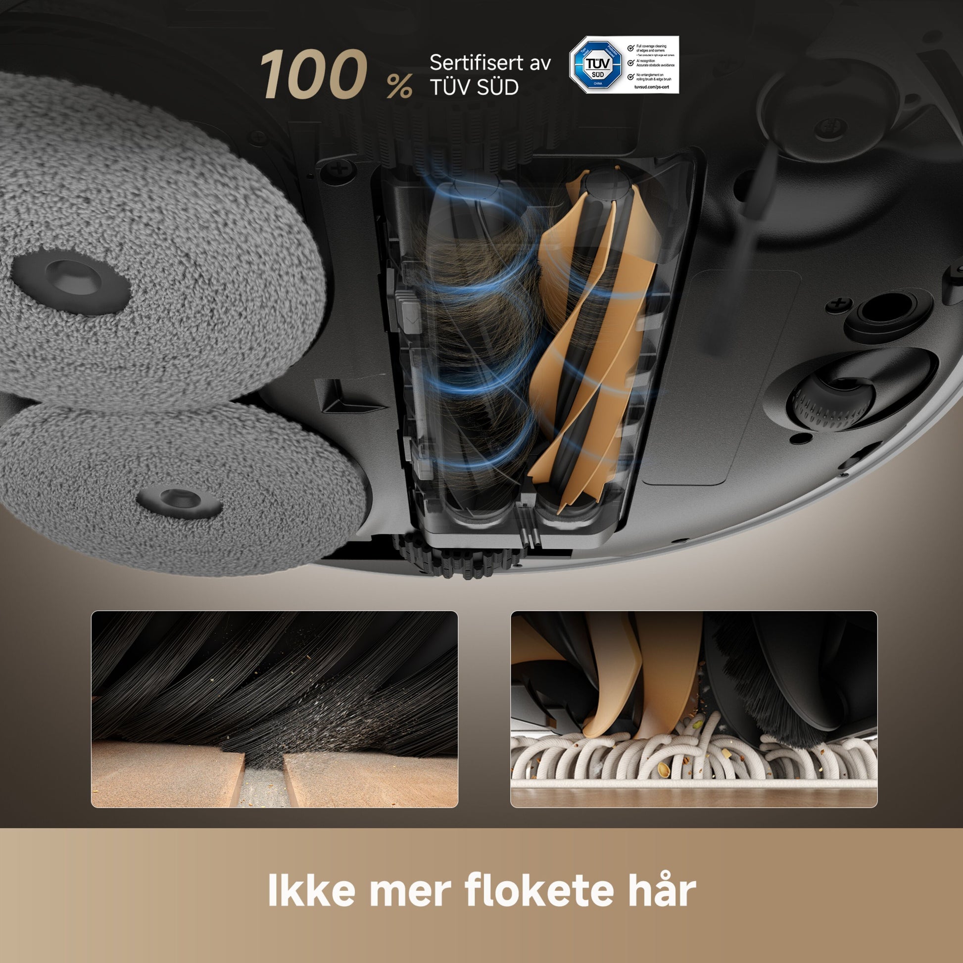 Dreame X50 Ultra robotstøvsuger hvid underside med børster, ruller, hår-sammenligning og 20.000 Pa sugestyrke.