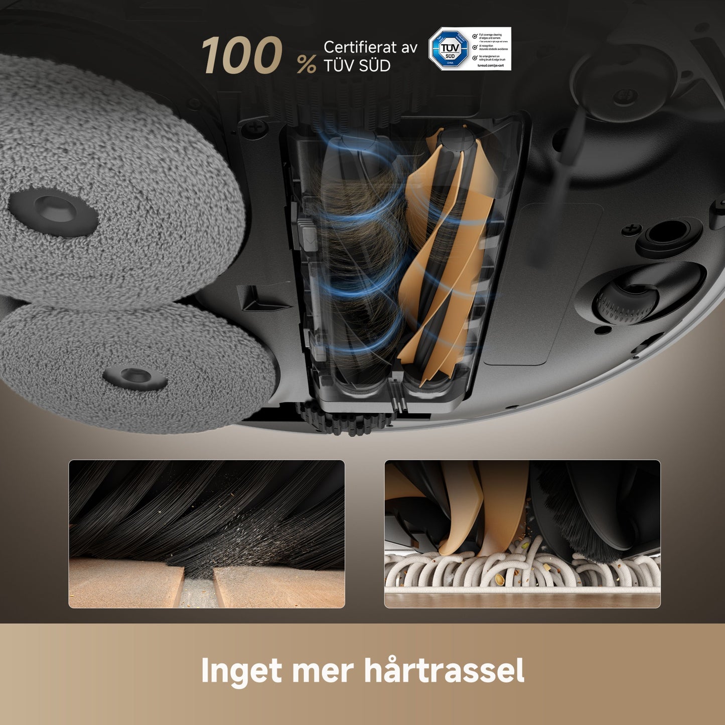 Dreame X50 Ultra robotstøvsuger hvid, underside med filterfri børste, 20.000 Pa sugestyrke, "Inget mer hårtrassel.