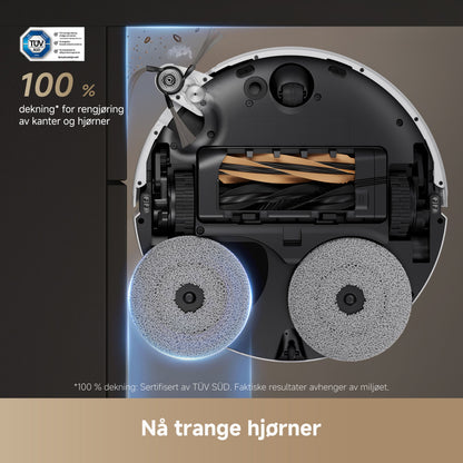 Dreame X50 Ultra robotstøvsuger hvid set nedefra med to runde rengøringspuder, norsk tekst og certificeringslogoer.