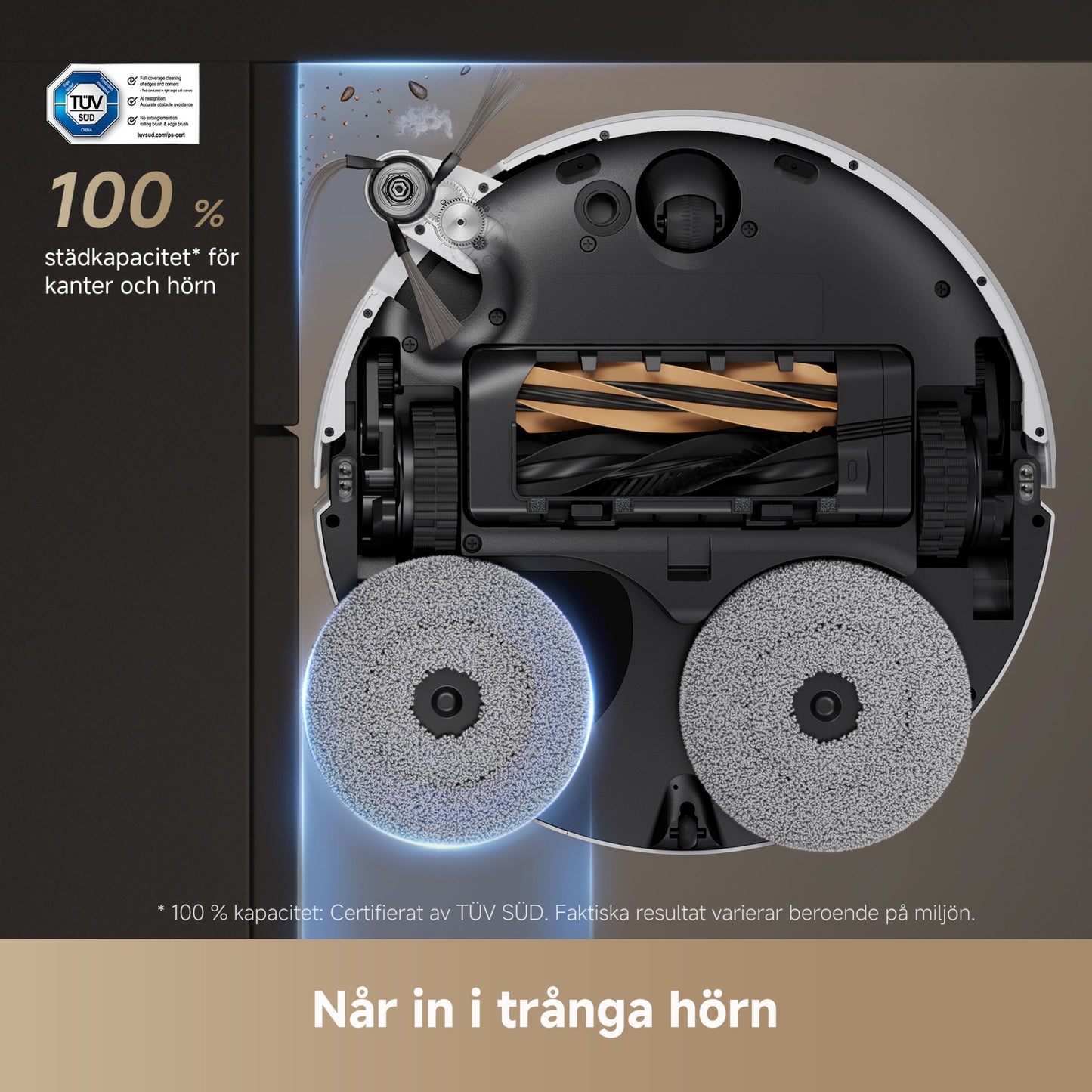 Dreame X50 Ultra robotstøvsuger hvid nærbillede, rengør vægkant med børster og moppe, 20.000 Pa sugestyrke, svensk tekst.