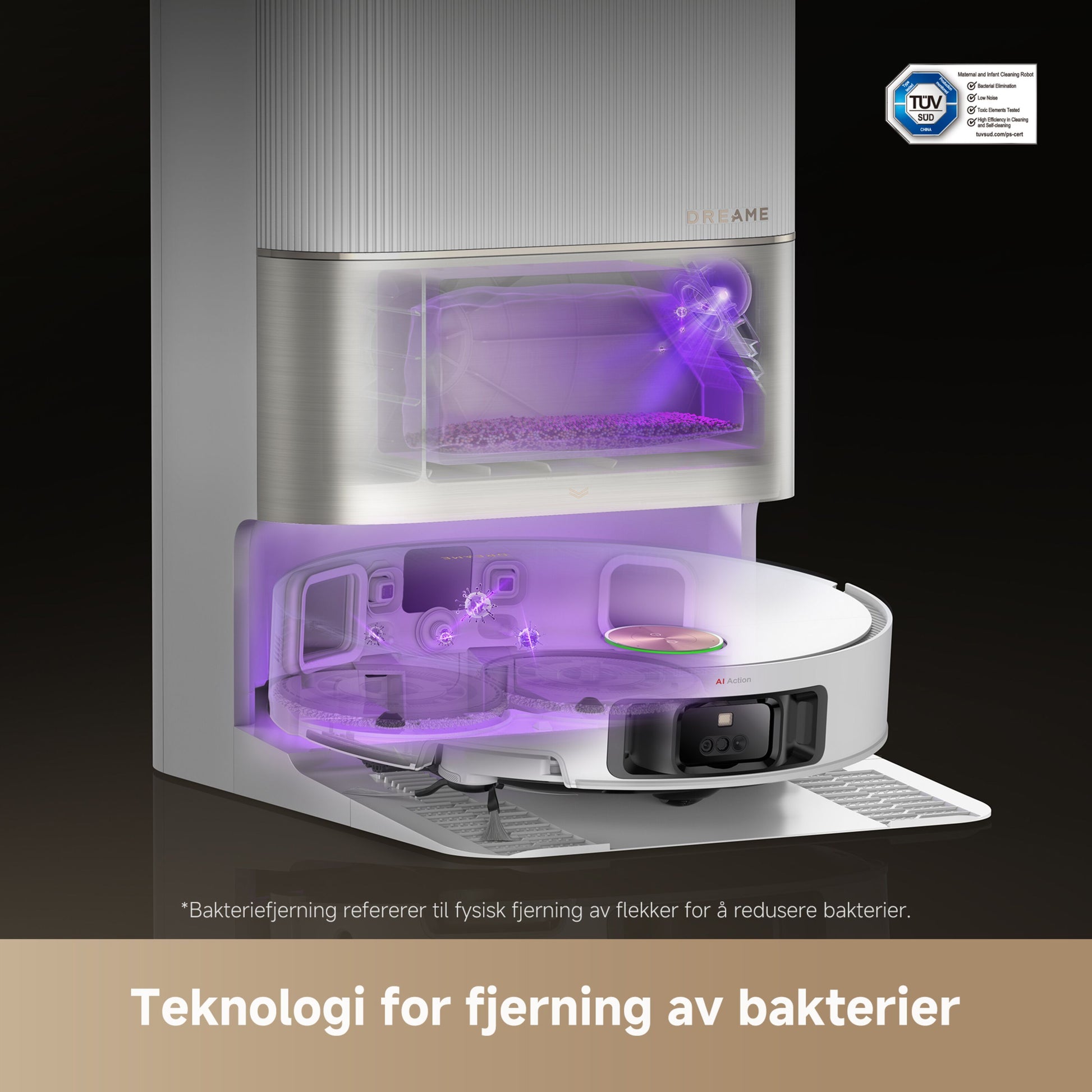 Dreame X50 Ultra robotstøvsuger hvid i dockingstation med lilla lys og teksten "Teknologi for fjerning av bakterier.