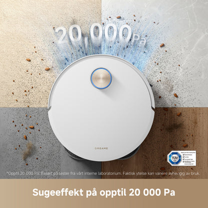 Dreame X50 Ultra robotstøvsuger hvid, sugestyrke 20.000 Pa vist i store tal, TUV-certificering til højre.