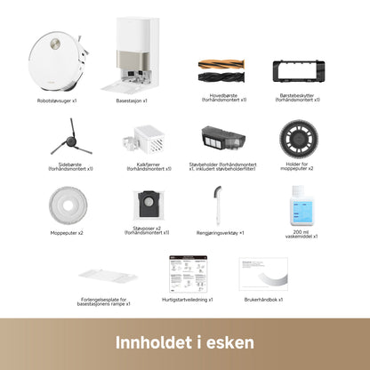 Dreame X50 Ultra robotstøvsuger hvid, basestation, 20000 Pa sugestyrke, moppepuder, børster, vandtank, tilbehør.