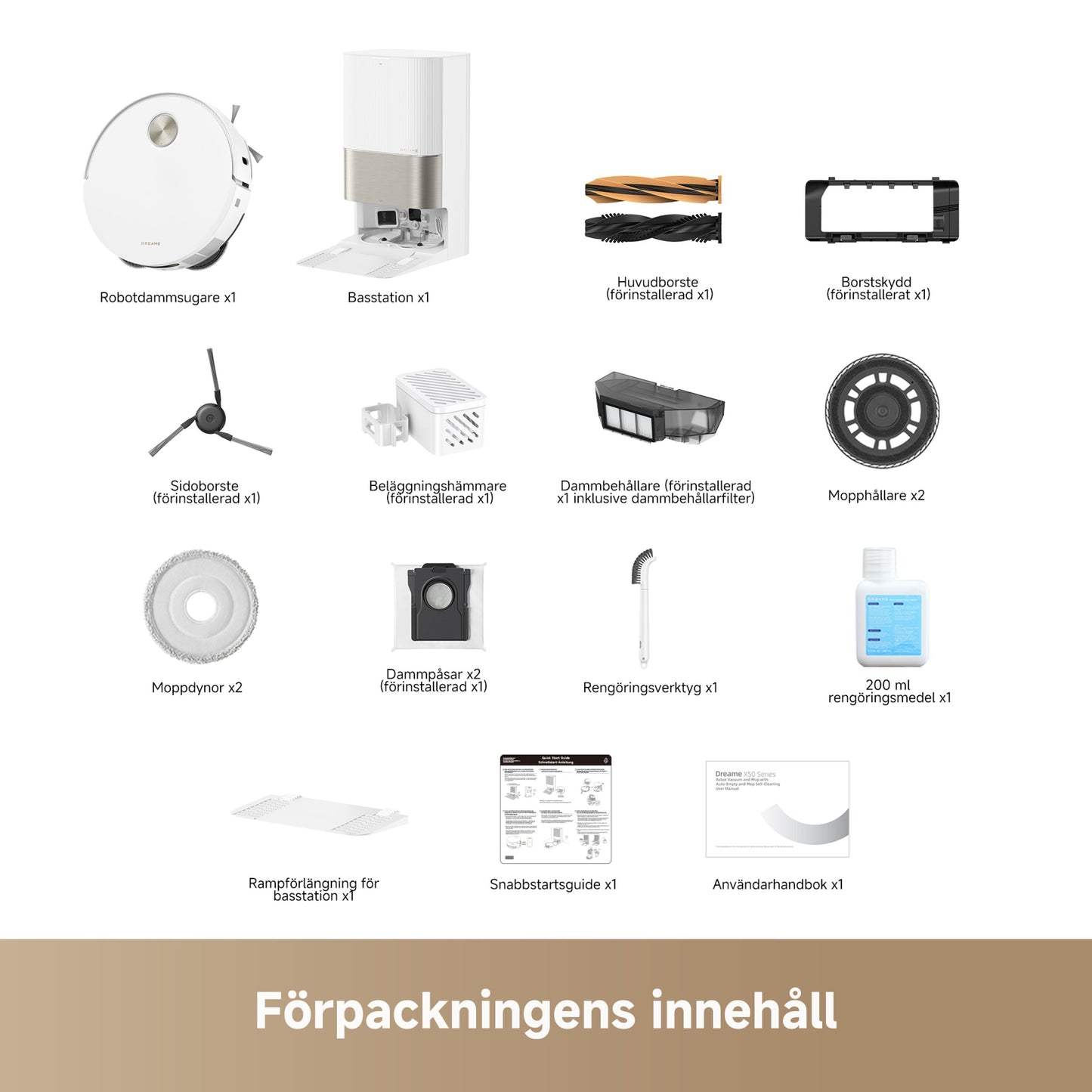 Dreame X50 Ultra robotstøvsuger hvid, 20.000 Pa sugestyrke, basestation, børster, moppeklude, støvbeholder, tilbehør.