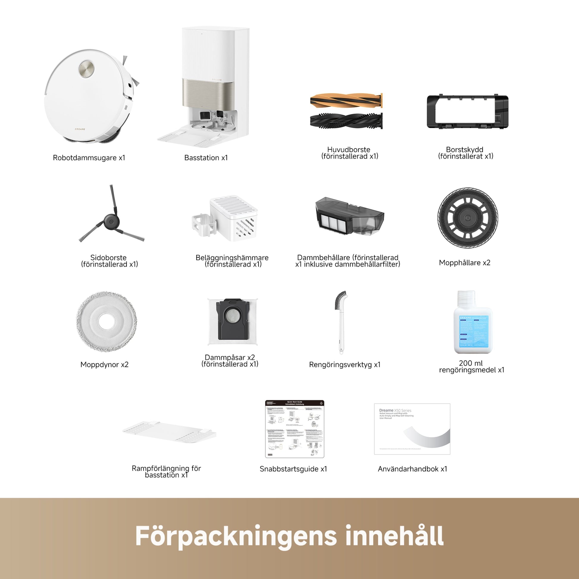 Dreame X50 Ultra robotstøvsuger hvid, 20.000 Pa sugestyrke, basestation, børster, moppeklude, støvbeholder, tilbehør.