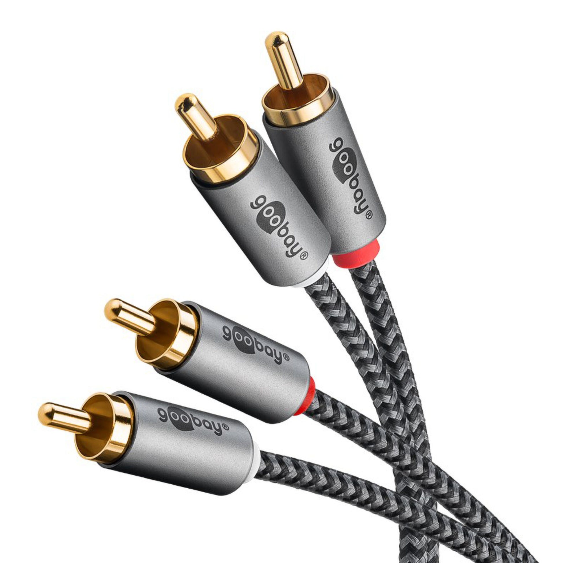 Stereo RCA-kabel 2 m med guldbelagt stik, sort-hvid flettet kabel og røde/hvide ringe til analog stereo phono-lyd.