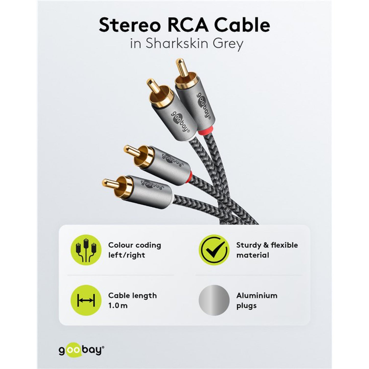 Stereo RCA-kabel 2 m hajskindsgrå, guldbelagte aluminiumsstik, sort/grå flettet kabel, rød/hvid farvekodning.