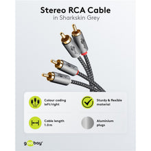 Stereo RCA-kabel 2 m hajskindsgrå, guldbelagte aluminiumsstik, sort/grå flettet kabel, rød/hvid farvekodning.