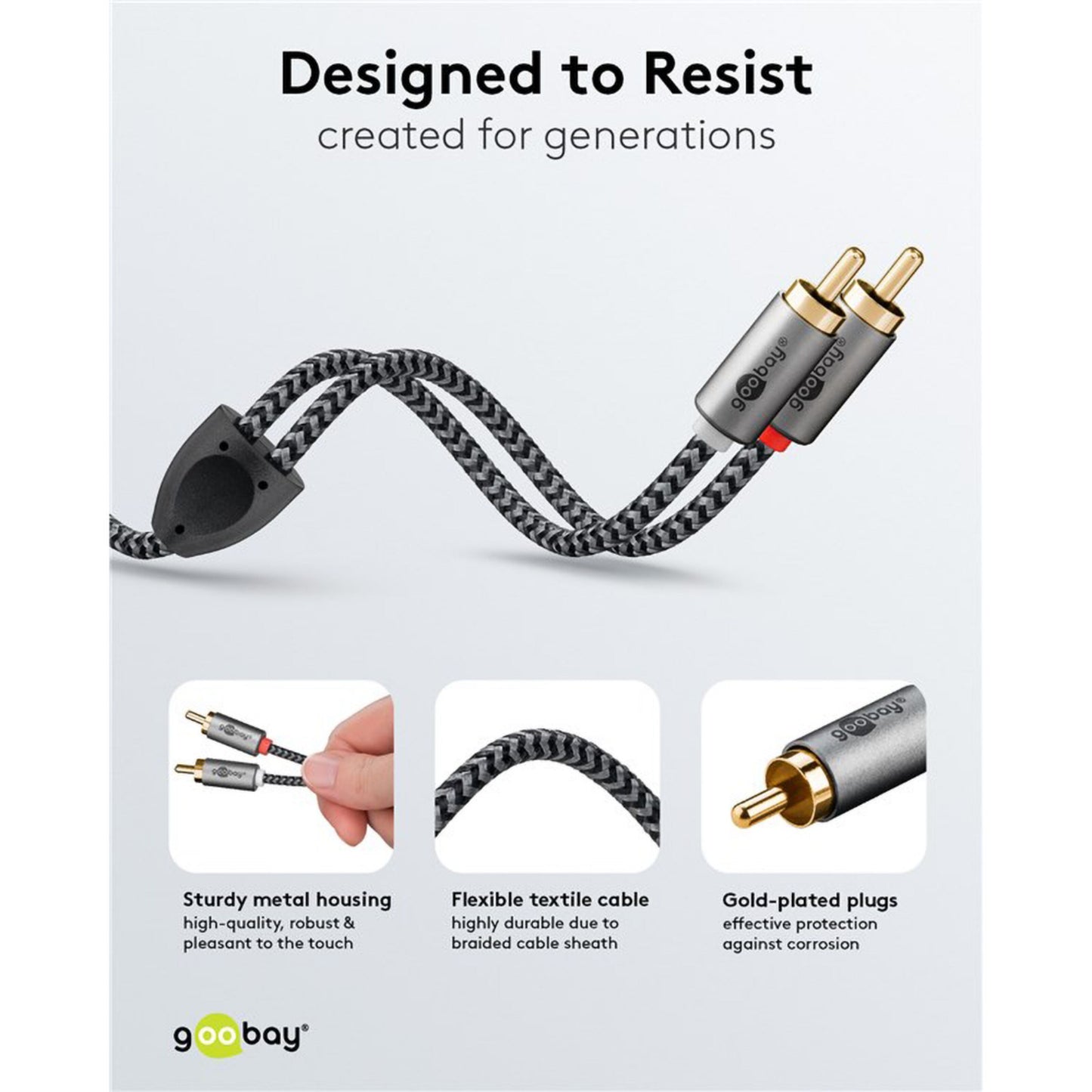 Stereo RCA-kabel 2 m med metalhus, flettet tekstilkabel og guldbelagt stik, sort og grå stik vises tæt på.