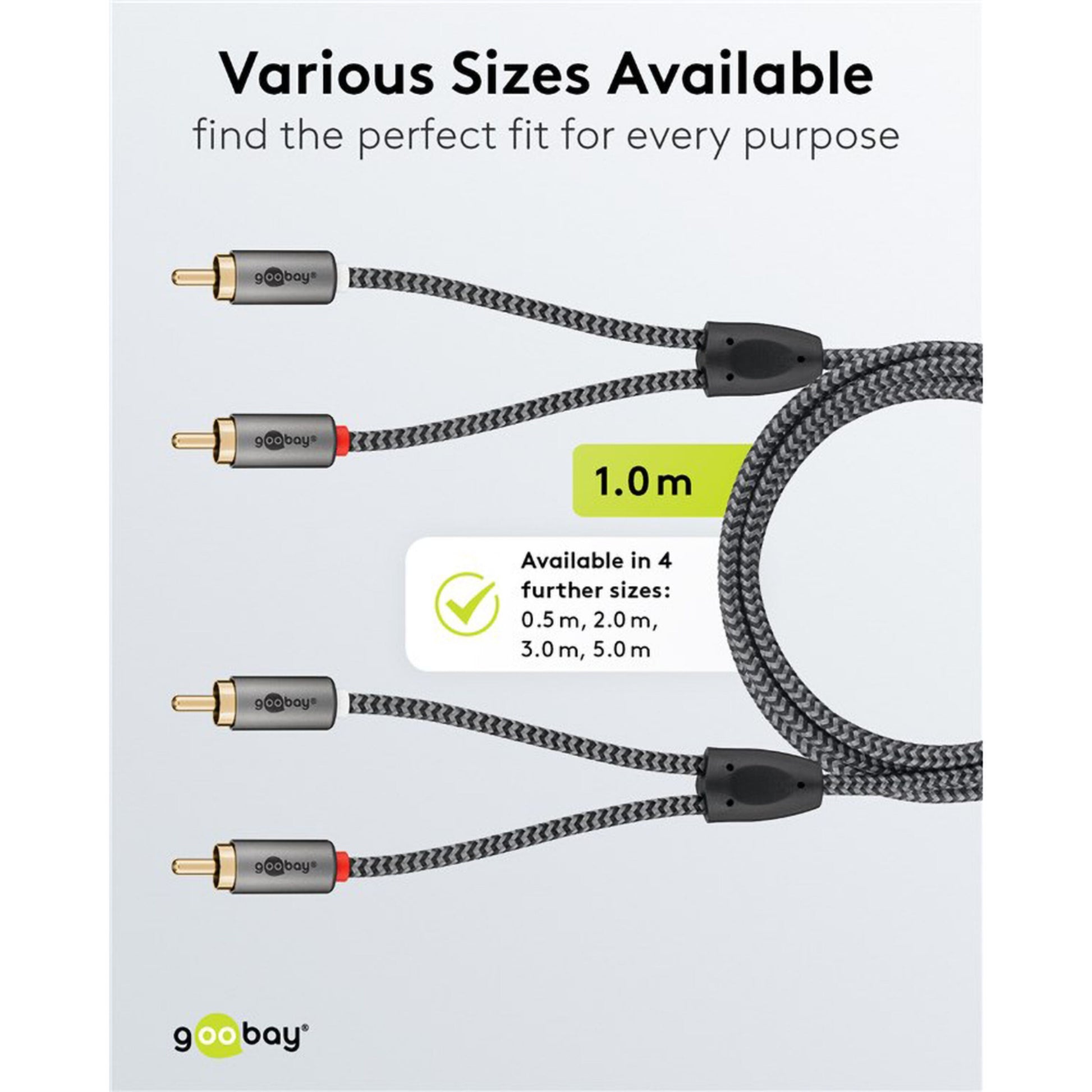 Stereo RCA-kabel 2 m, valgfrie længder 0,5, 1,0, 3,0 og 5,0 m oplyst med tekst "Various Sizes Available.