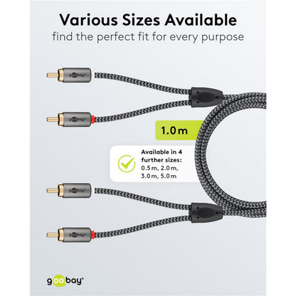 Stereo RCA-kabel 2 m, valgfrie længder 0,5, 1,0, 3,0 og 5,0 m oplyst med tekst "Various Sizes Available.