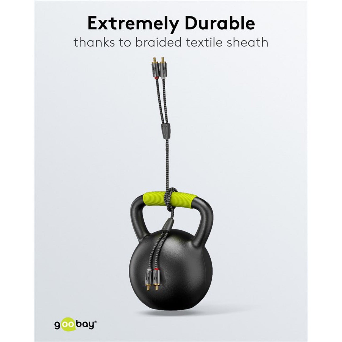 Stereo RCA-kabel 2 m, sort flettet tekstil, ekstra holdbar, tekst: Ekstremt holdbar takket være flettet tekstilkappe.