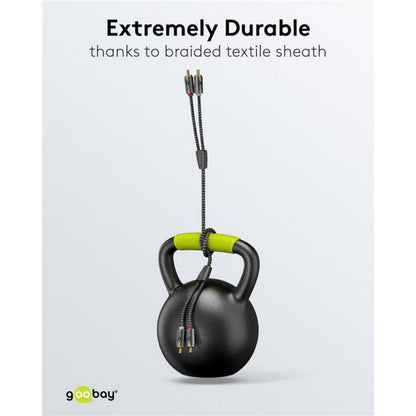 Stereo RCA-kabel 2 m, sort flettet tekstil, ekstra holdbar, tekst: Ekstremt holdbar takket være flettet tekstilkappe.