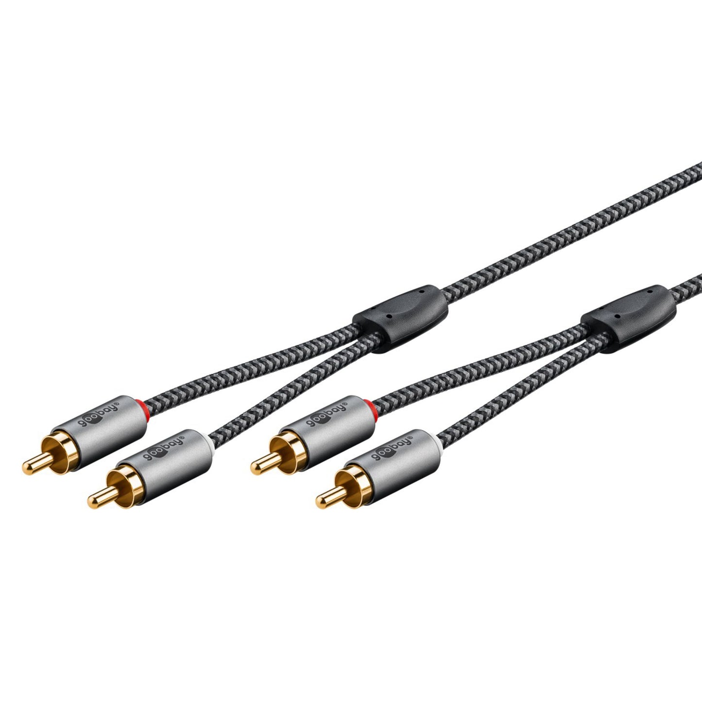 Stereo RCA-kabel 2m sort flettet, sølvfarvede stik, guld RCA-ender, splittet til to kanaler for analog lyd.