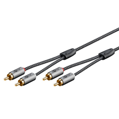 Stereo RCA-kabel 2m sort flettet, sølvfarvede stik, guld RCA-ender, splittet til to kanaler for analog lyd.